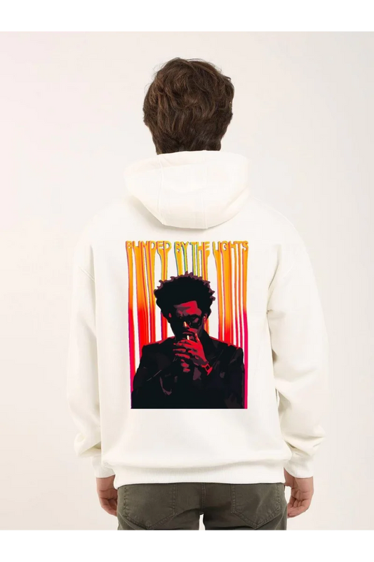 Unisex Baskılı Oversize Üç İplik Kapüşonlu Sweatshirt - Beyaz