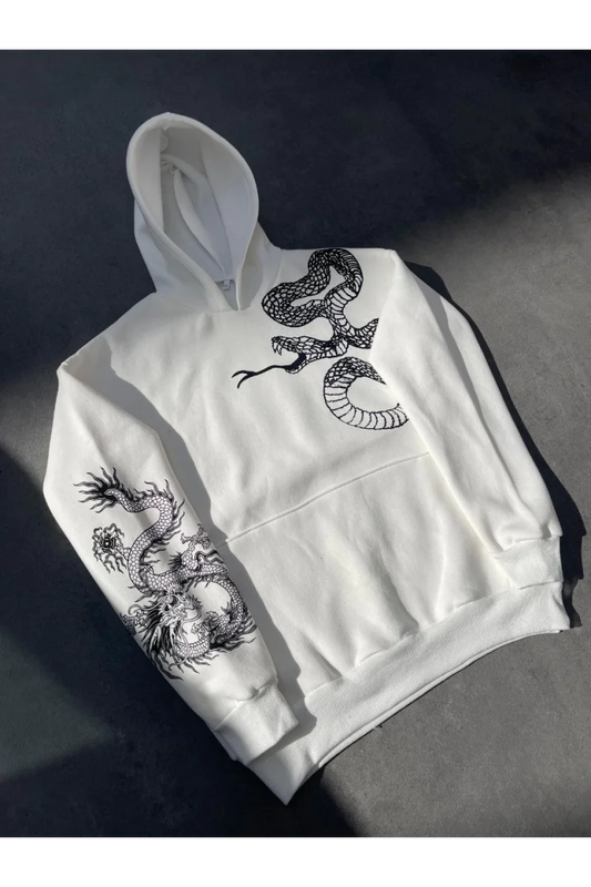 Uzun Kol Kapüşonlu Baskılı SweatShirt - Beyaz