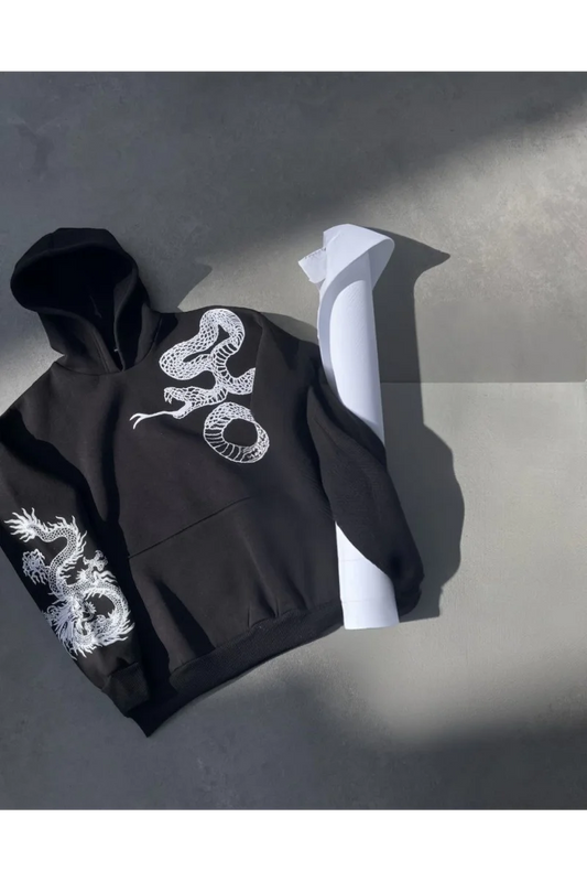 Uzun Kol Kapüşonlu Baskılı SweatShirt - Siyah
