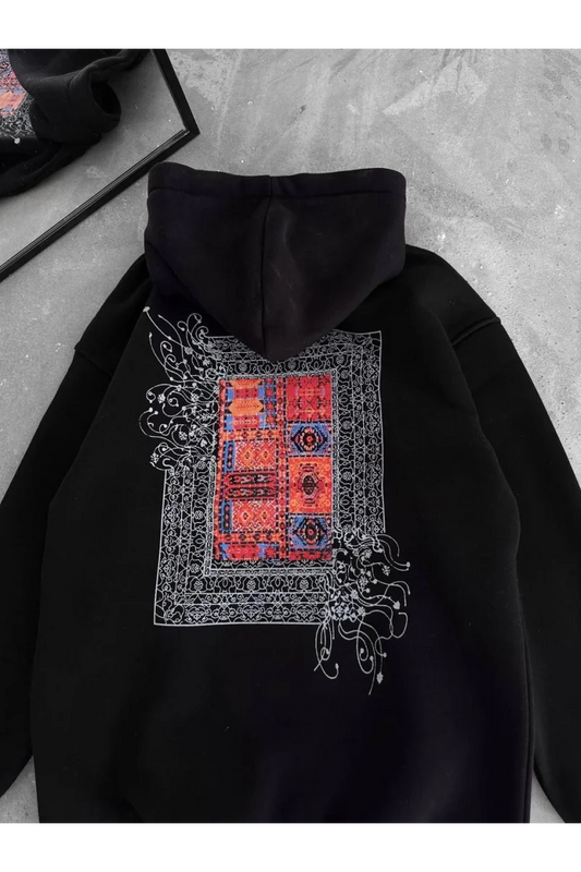 Uzun Kol Kapüşonlu Ön Ve Arka Baskılı SweatShirt - Siyah