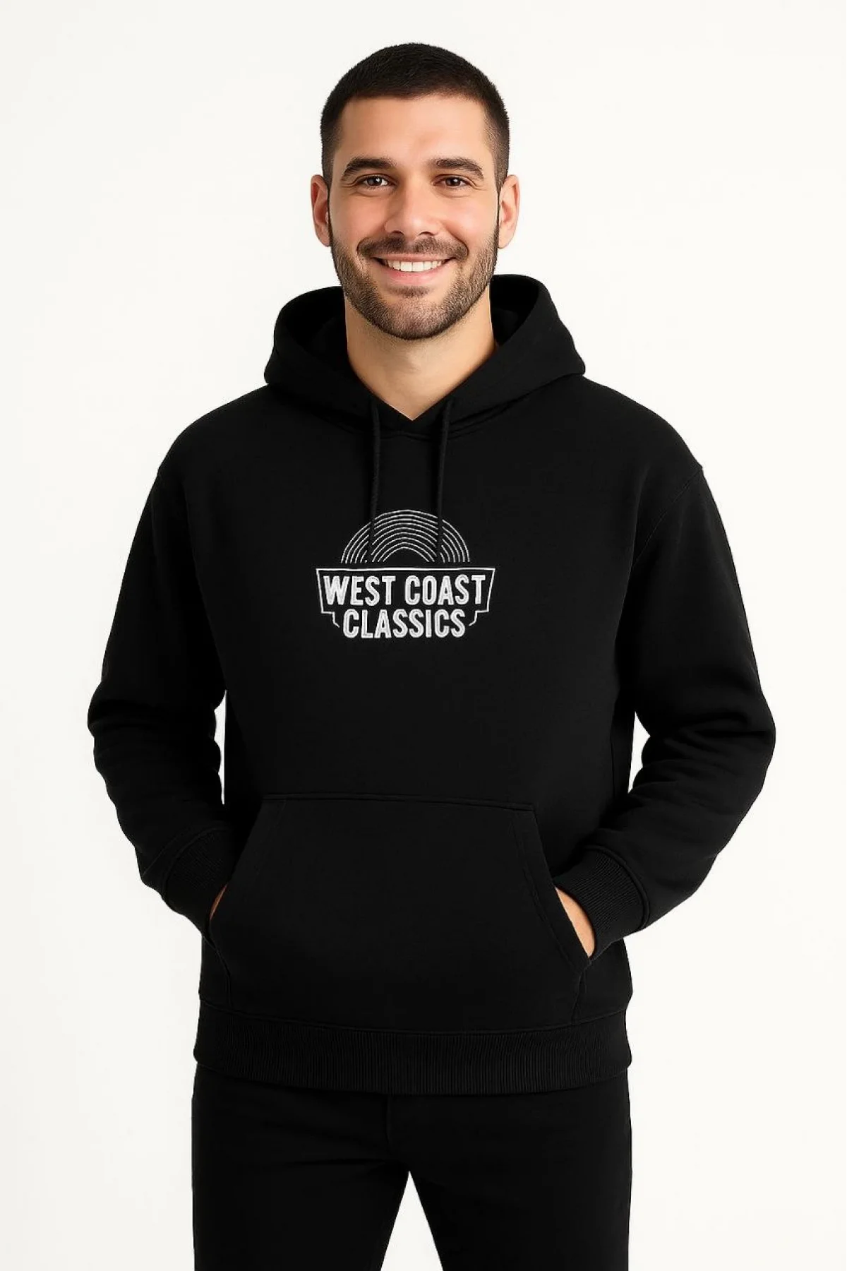 Erkek Üç İplik Kapüşonlu Ön ve Arka Baskılı SweatShirt hoodie - Siyah