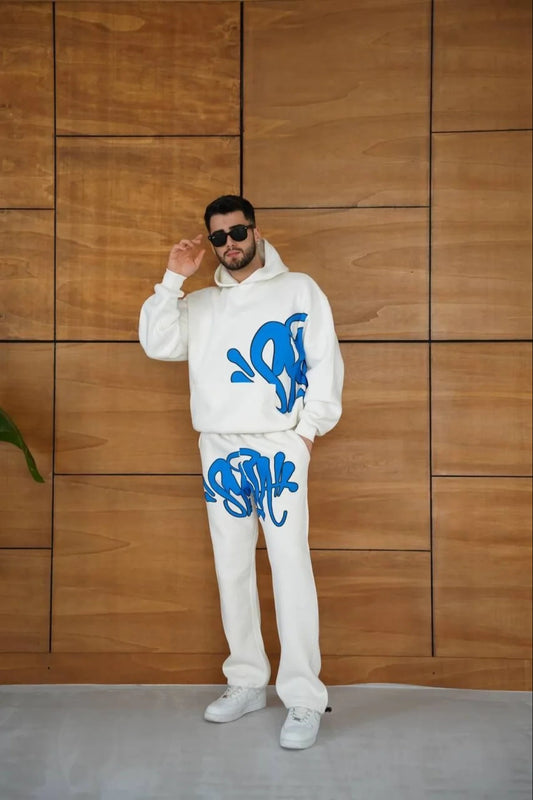 Erkek Kapüşonlu Eşofman Takım Graffiti Baskılı Oversize Rahat Kalıp, Kanguru Cepli, Streetwear Tarzında Premium Ürün 3 iplik Pamuklu - Beyaz