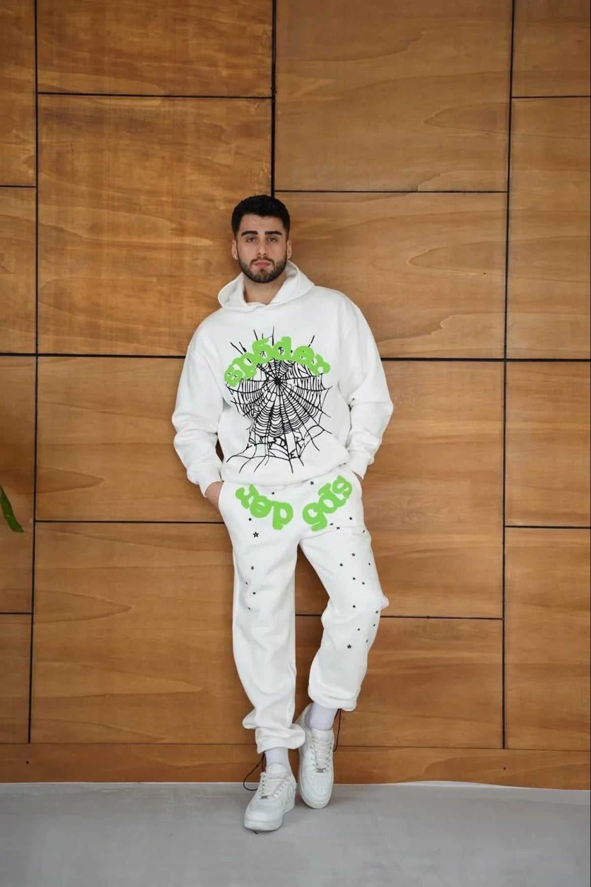 Erkek Kapüşonlu Eşofman Takım Örümcek Ağı ve Neon Yeşil Baskılı Kanguru cepli Oversize Rahat Kalıp, Premium Üç İplik Kumaş - Beyaz