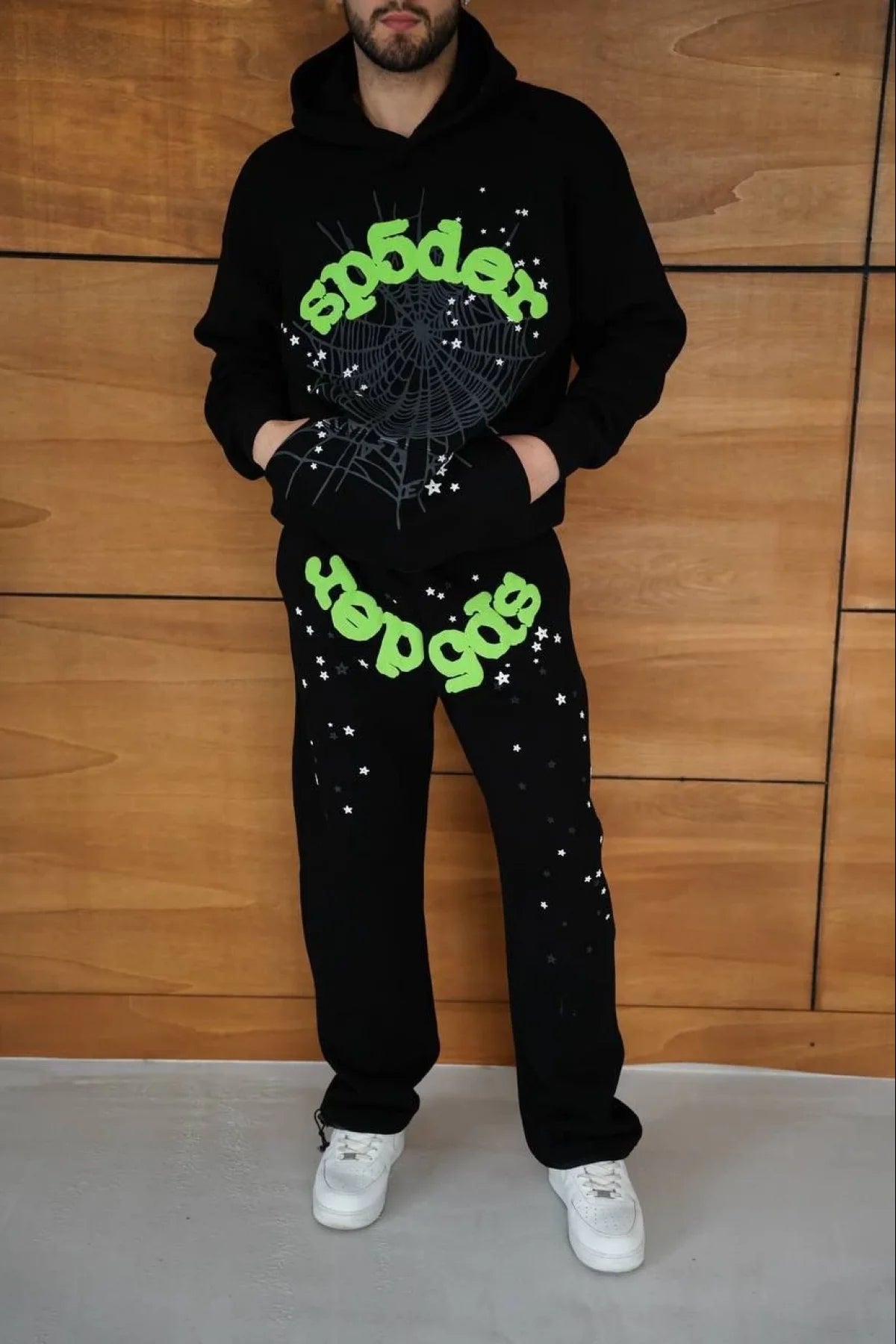 Erkek Kapüşonlu Eşofman Takım Örümcek Ağı ve Neon Yeşil Baskılı Kanguru cepli Oversize Rahat Kalıp, Premium Üç İplik Kumaş - Siyah