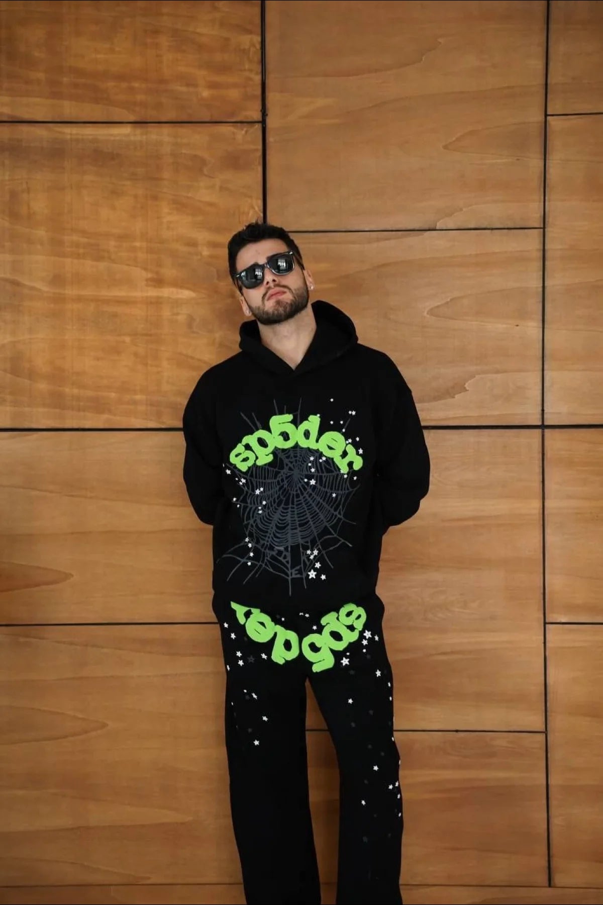 Erkek Kapüşonlu Eşofman Takım Örümcek Ağı ve Neon Yeşil Baskılı Kanguru cepli Oversize Rahat Kalıp, Premium Üç İplik Kumaş - Siyah