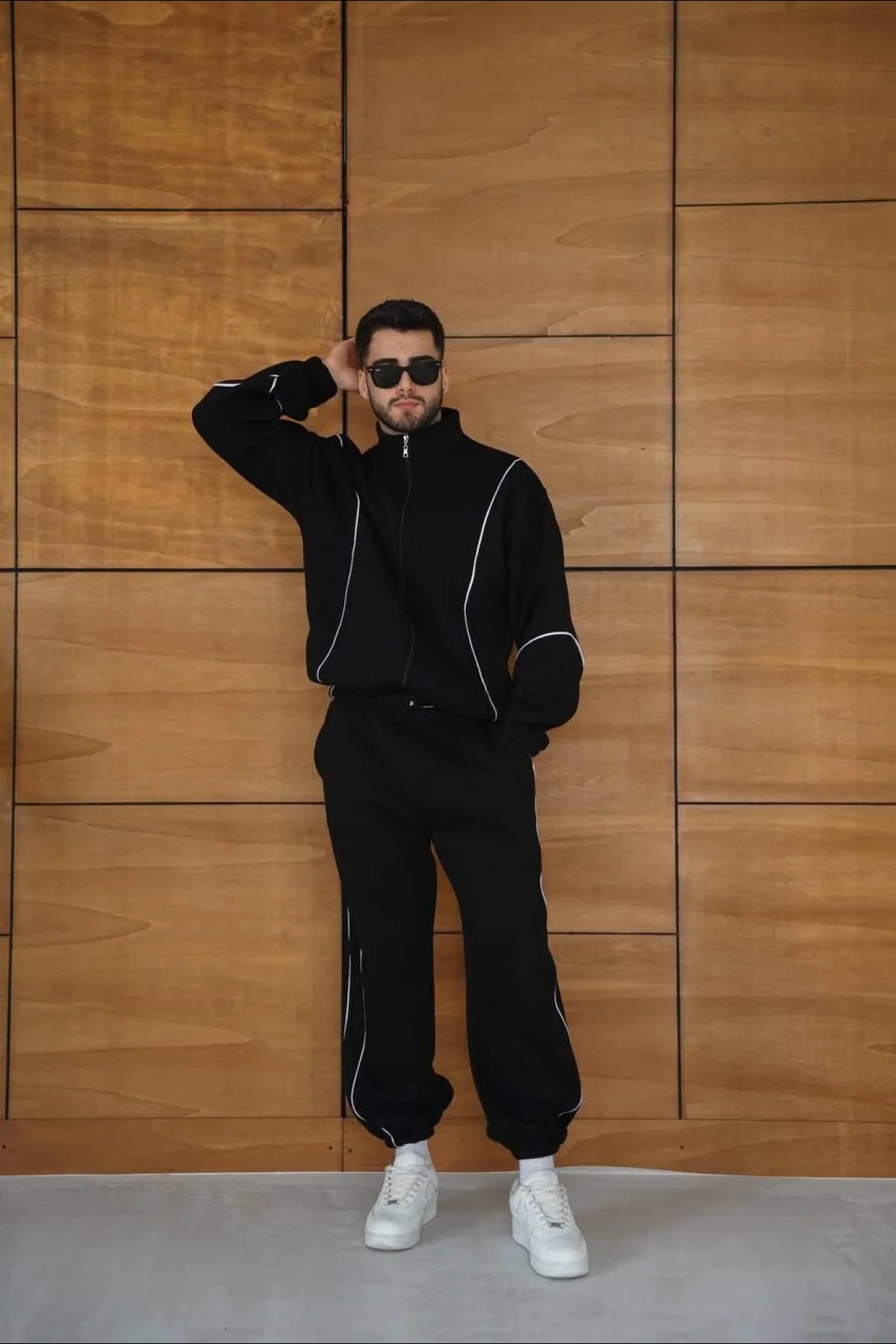 Erkek Premium Parçalı Eşofman Takım - Dik Yaka Fermuarlı Biyeli Sweatshirt Lastik Paça Alt, Oversize 3 iplik Şardonlu - Siyah