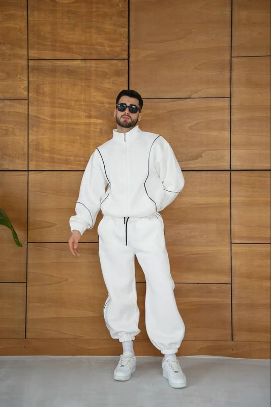 Erkek Premium Parçalı Eşofman Takım - Dik Yaka Fermuarlı Biyeli Sweatshirt Lastik Paça Alt, Oversize 3 iplik Şardonlu - Beyaz