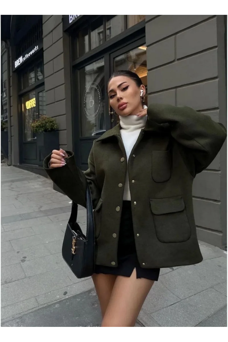 Kaşe Kaşmir kumaş cep ve çıt çıt düğme detay Bleazer pinterest ceket mont - Haki