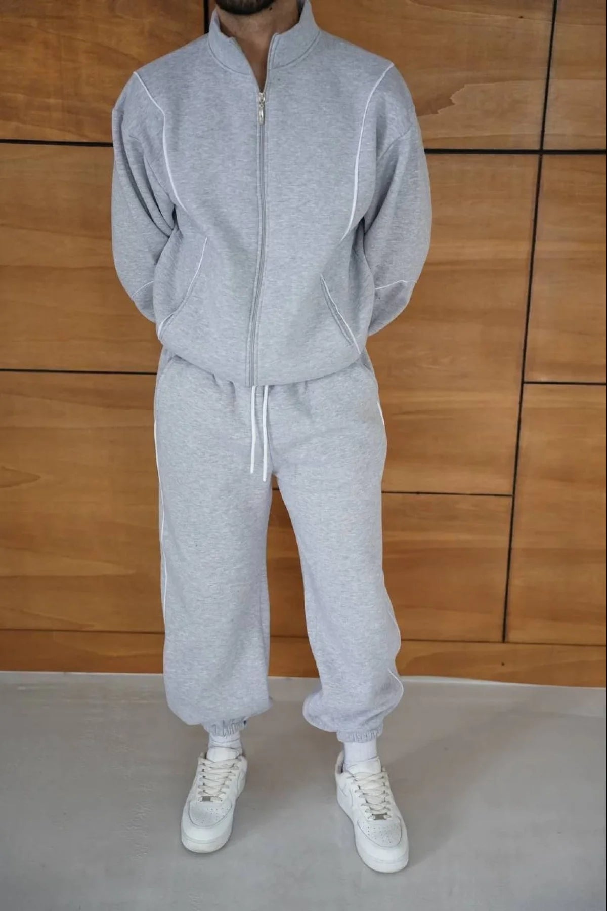 Erkek Premium Parçalı Eşofman Takım - Dik Yaka Fermuarlı Biyeli Sweatshirt Lastik Paça Alt, Oversize 3 iplik Şardonlu - Gri