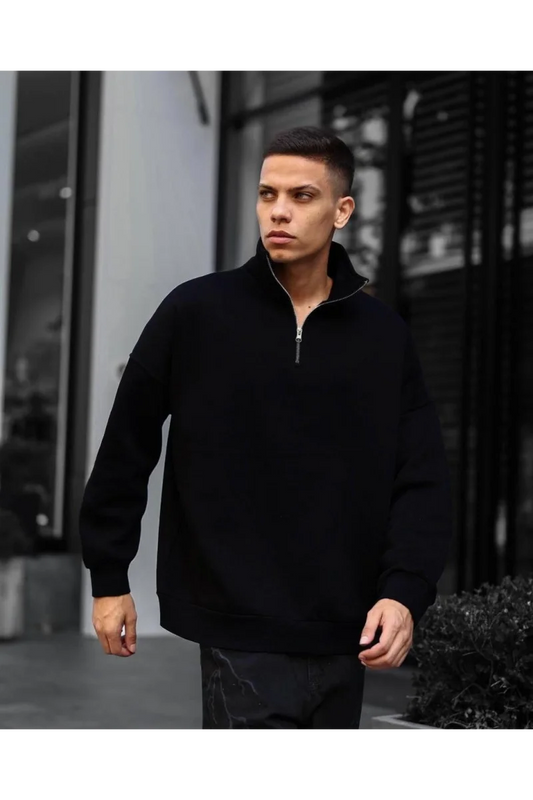 Erkek Yarım Fermuarlı Üç İplik Sweatshirt - Siyah