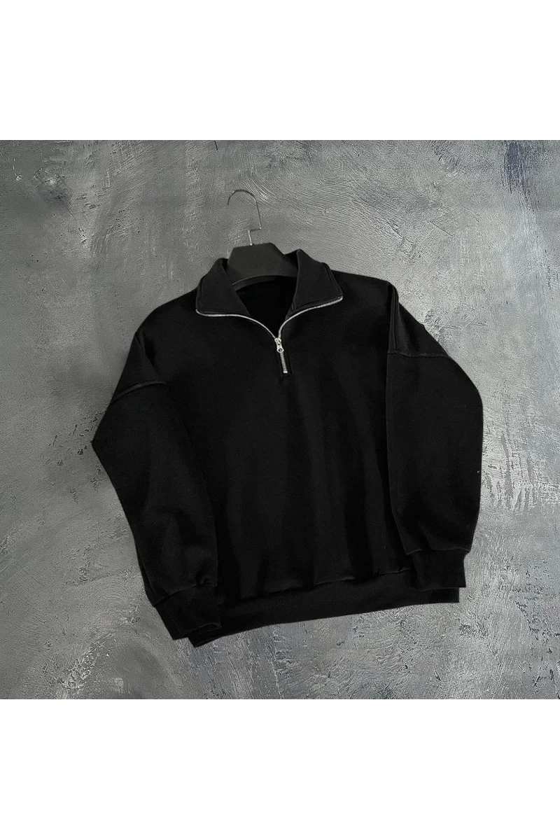 Erkek Yarım Fermuarlı Üç İplik Sweatshirt - Siyah