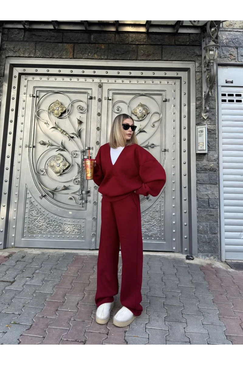 Geniş V Yaka Üç İplik Sweat Takım - Bordo