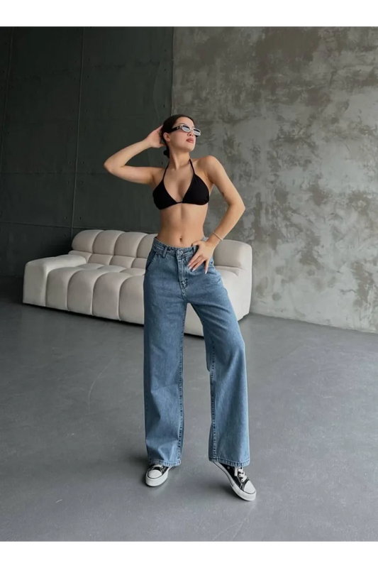 Kadın Palazzo Jeans Pantolon - Mavi