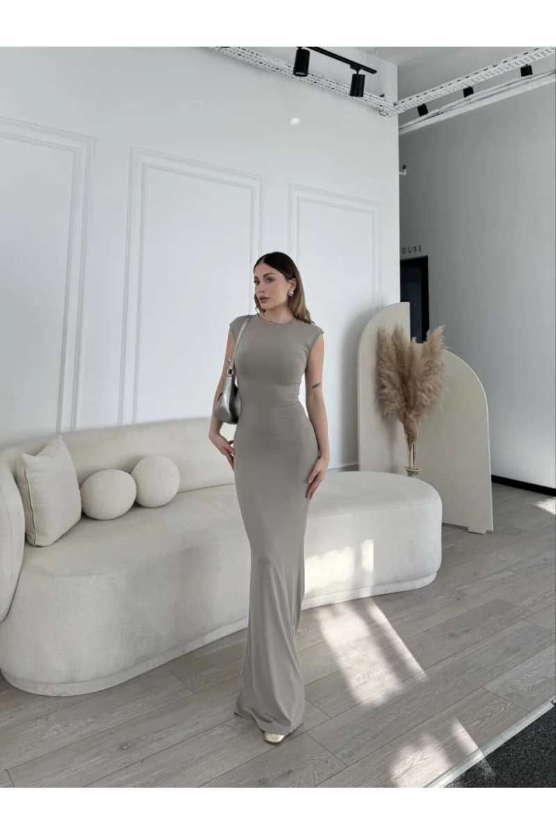 Kolsuz Uzun Likralı Elbise - Gri