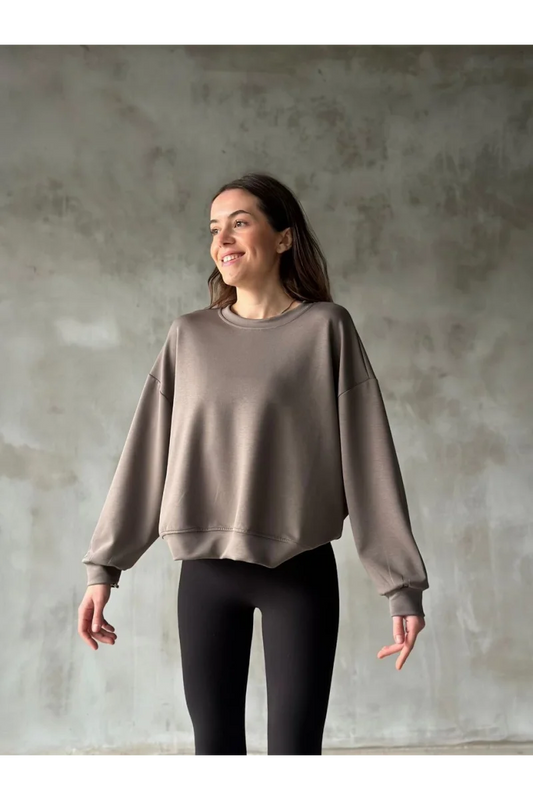 Osy Modal Yumuşak dokulu Kumaş Bisiklet Yaka Oversize Sweatshirt - Gri