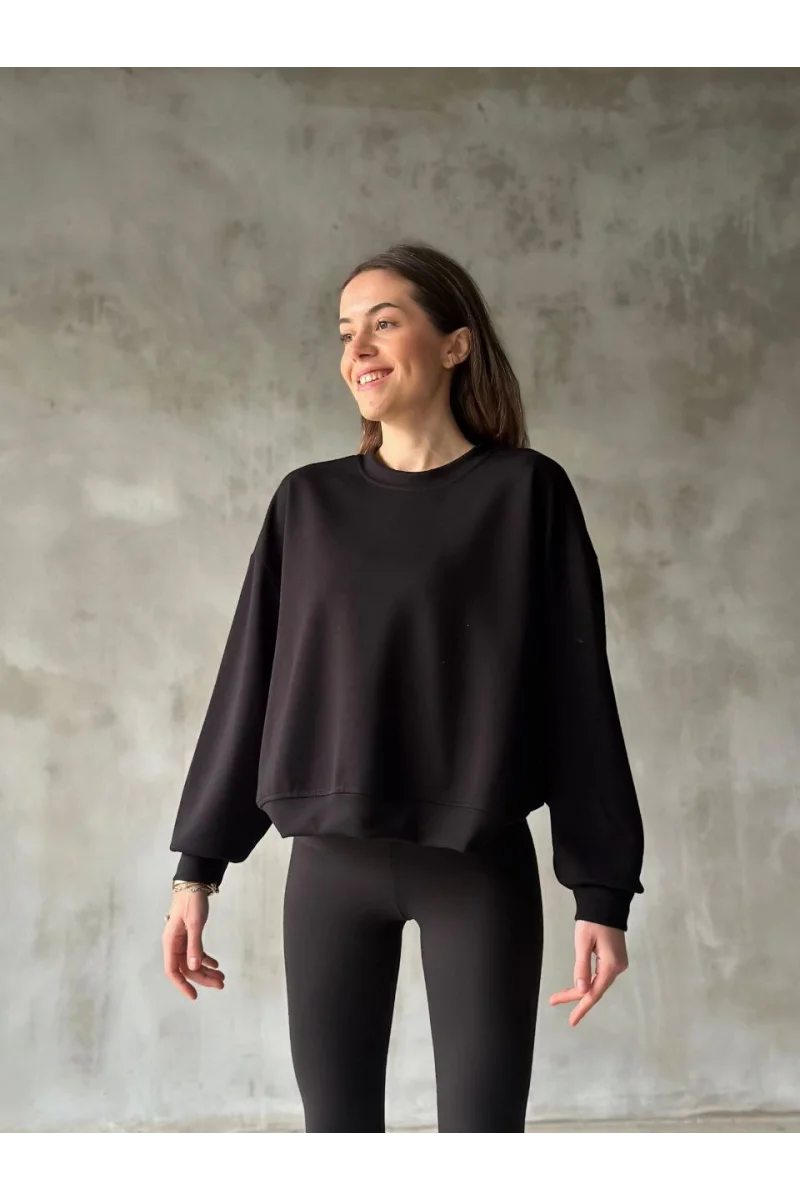 Osy Modal Yumuşak dokulu Kumaş Bisiklet Yaka Oversize Sweatshirt - Siyah