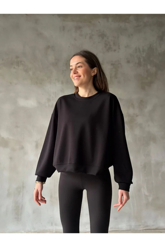 Osy Modal Yumuşak dokulu Kumaş Bisiklet Yaka Oversize Sweatshirt - Siyah