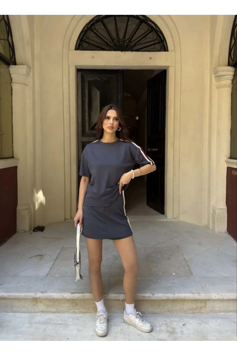 Osy Modal yumuşak dokulu Kumaş Kadın Parçalı Bisiklet Yaka T-shirt Mini Şortlu Etek İkili Takım - Füme