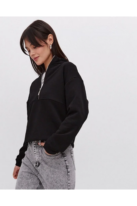 Oversize Yarım Farmuarlı Yakalı Basic SweatShirt - Siyah