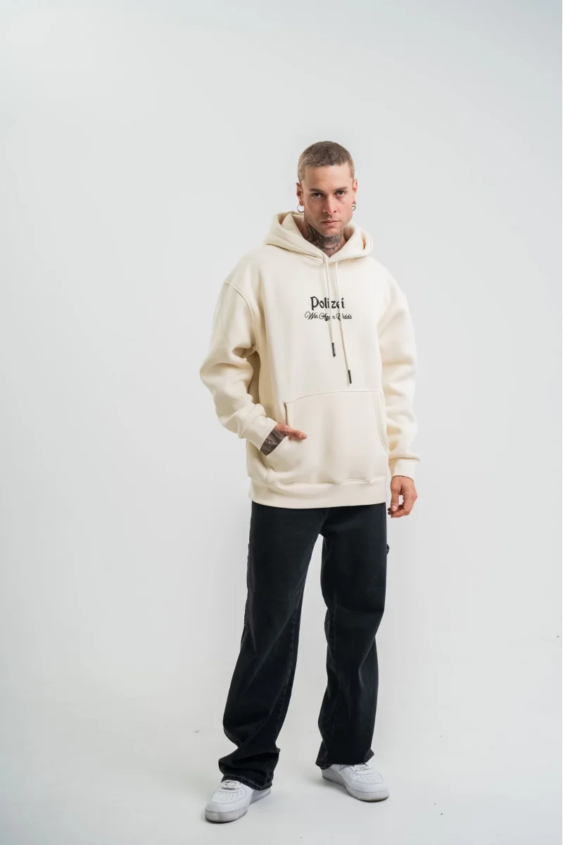 Üç İplik Kapşonlu Dijital Patchli SweatShirt - Krem