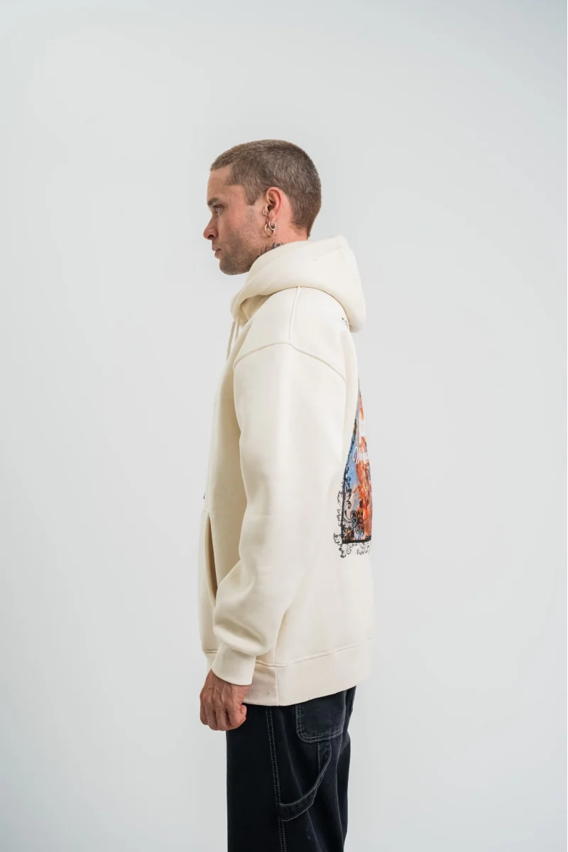 Üç İplik Kapşonlu Dijital Patchli SweatShirt - Krem