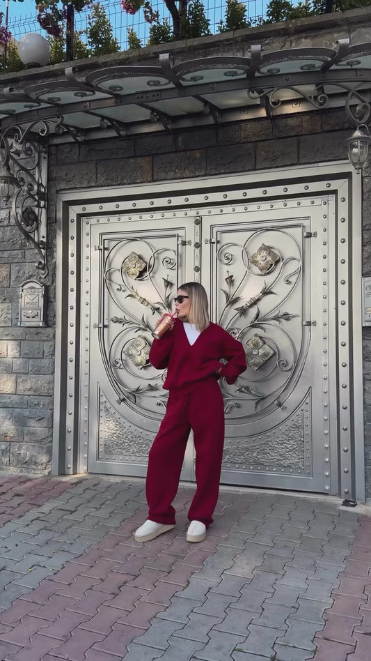 Geniş V Yaka Üç İplik Sweat Takım - Bordo