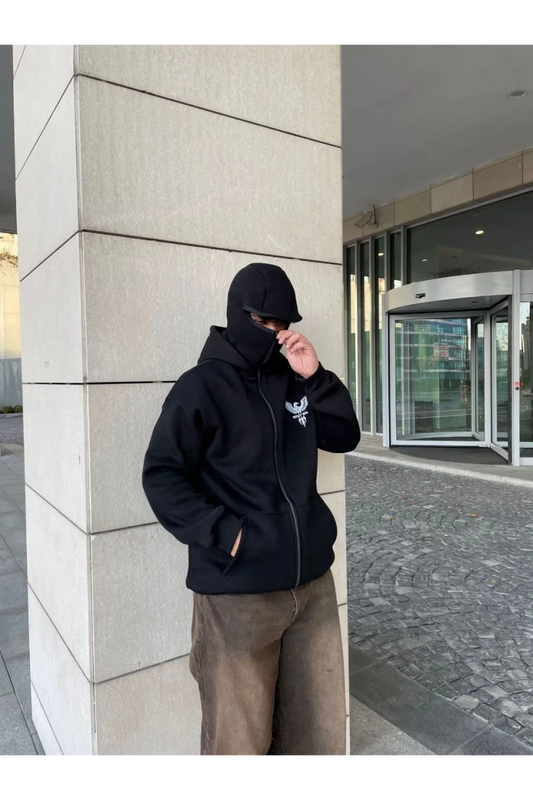 Samuray kapüşonlu ZIP Fermuarlı kapüşonlu SweatShirt - Siyah