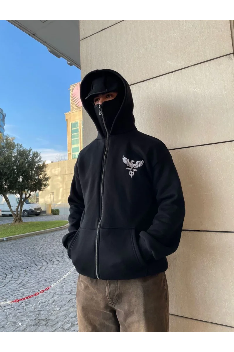 Samuray kapüşonlu ZIP Fermuarlı kapüşonlu SweatShirt - Siyah