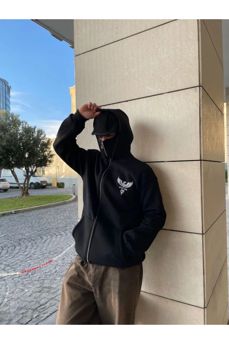 Samuray kapüşonlu ZIP Fermuarlı kapüşonlu SweatShirt - Siyah