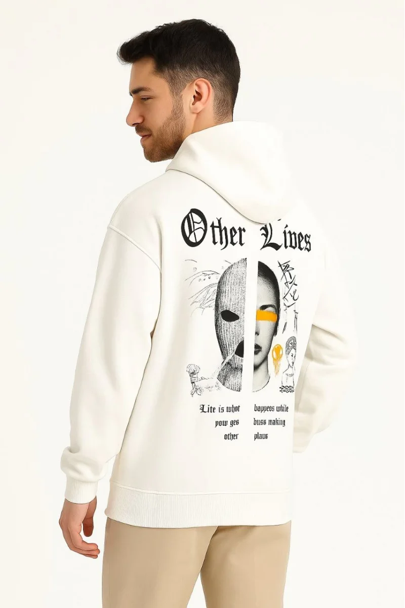 Üç İplik Kapüşonlu Ön ve Arka Baskılı SweatShirt hoodie - Beyaz