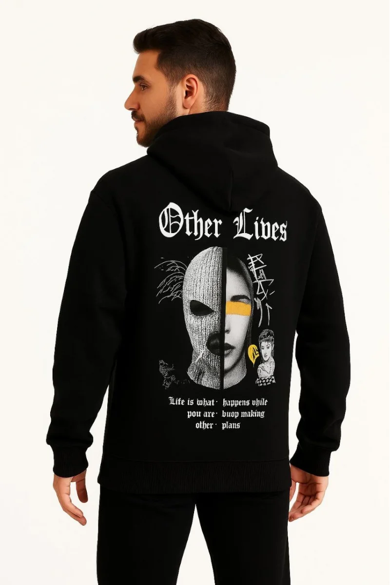 Üç İplik Kapüşonlu Ön ve Arka Baskılı SweatShirt hoodie - Siyah