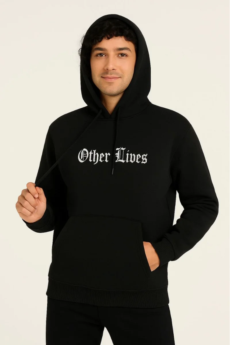 Üç İplik Kapüşonlu Ön ve Arka Baskılı SweatShirt hoodie - Siyah