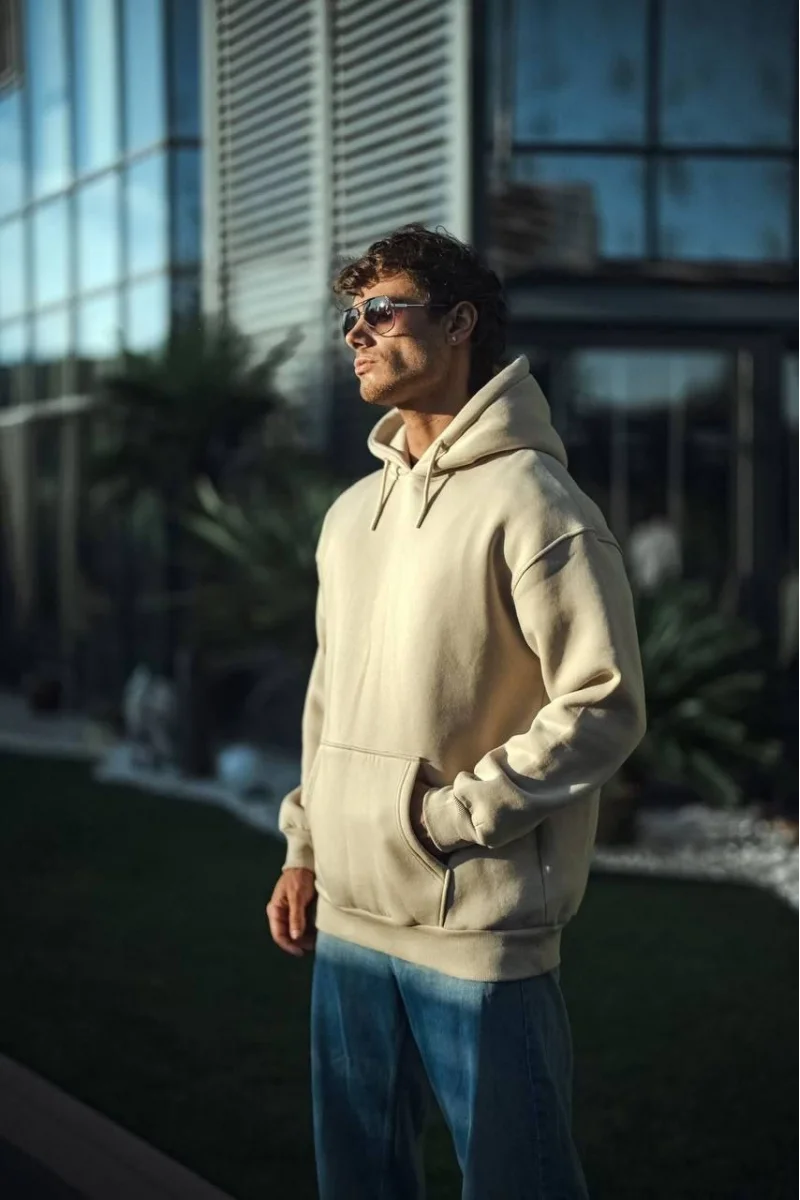Üç İplik Penye kapüşonlu Basic SweatShirt - Bej