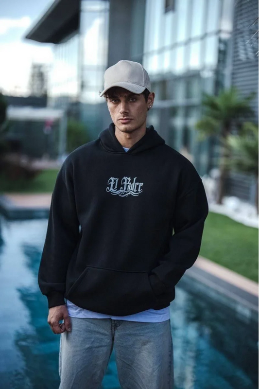 Üç İplik Penye Kapşonlu Baskılı SweatShirt - Siyah