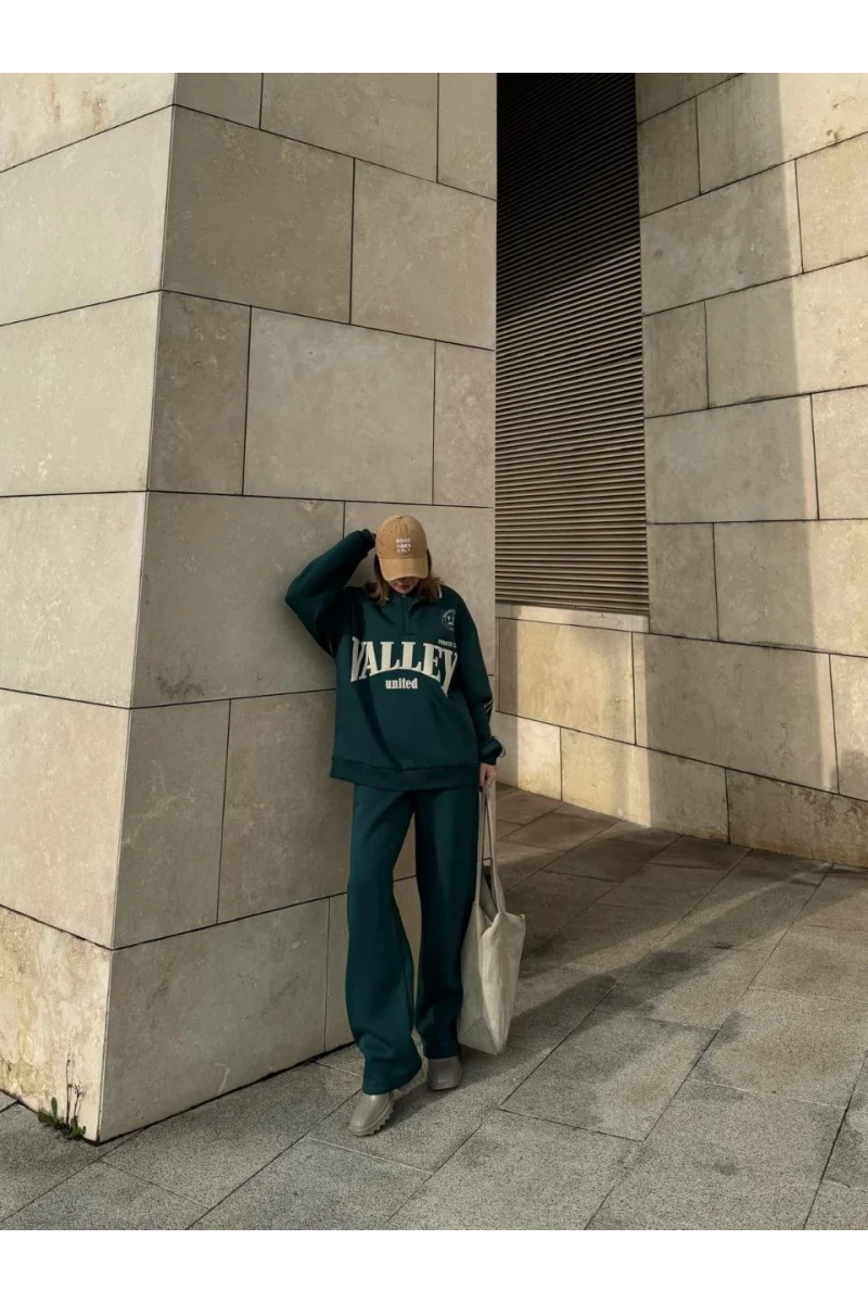 Üç İplik Yakalı Sweat Baggy Pantalonlu Takım - Yeşil