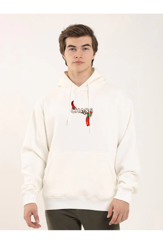 Unisex Baskılı Oversize Üç İplik Kapüşonlu Sweatshirt - Beyaz