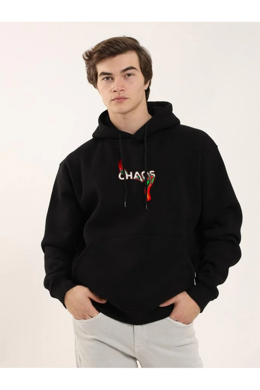 Unisex Baskılı Oversize Üç İplik Kapüşonlu Sweatshirt - Siyah