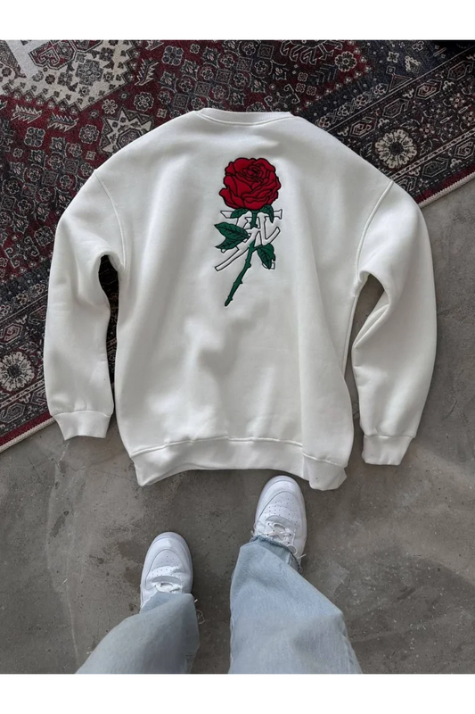 Unisex Bisiklet Yaka Ön Ve Arka Baskılı SweatShirt - Beyaz