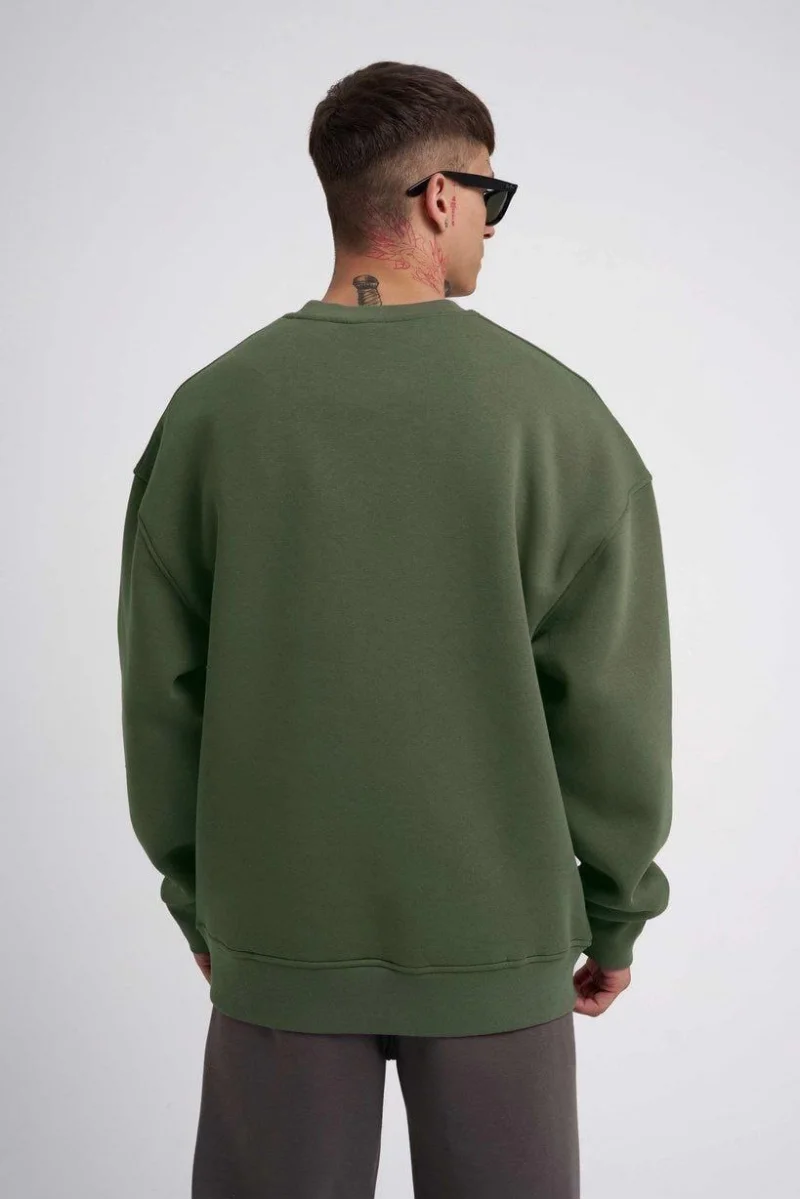 Unisex Biskilet Yaka Üç İplik SweatShirt - Haki