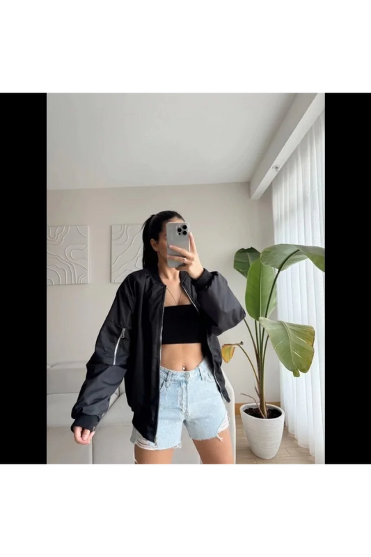 Unisex İçi Astarlı Düz Bomber Ceket - Siyah