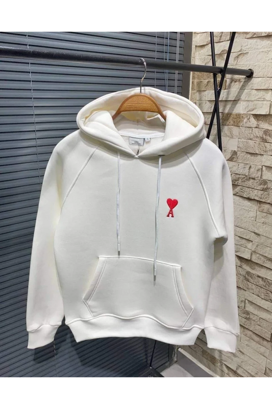 Unisex Kapşonlu Baskılı Sweetshirt - Beyaz