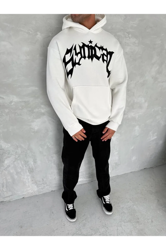 Unisex Üç İplik Kapüşonlu Baskılı SweatShirt - Beyaz