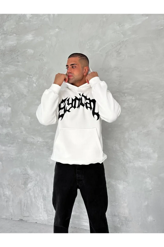Unisex Üç İplik Kapüşonlu Baskılı SweatShirt - Beyaz