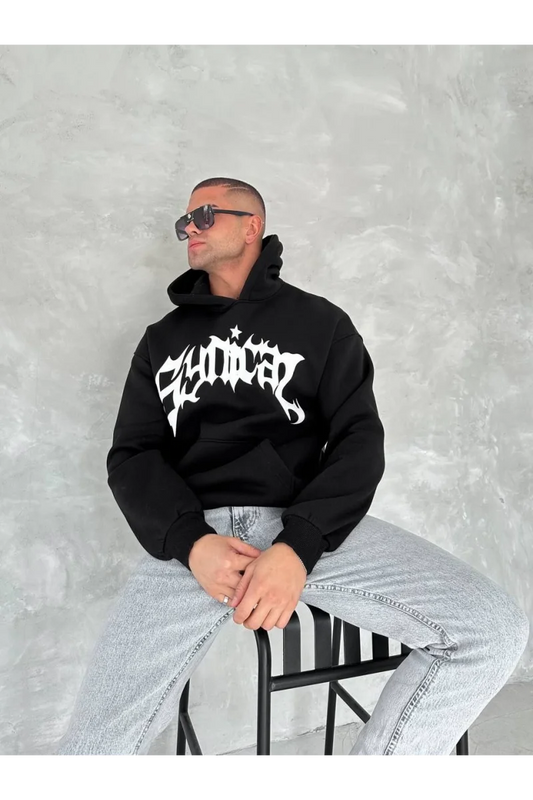 Unisex Üç İplik Kapüşonlu Baskılı SweatShirt - Siyah