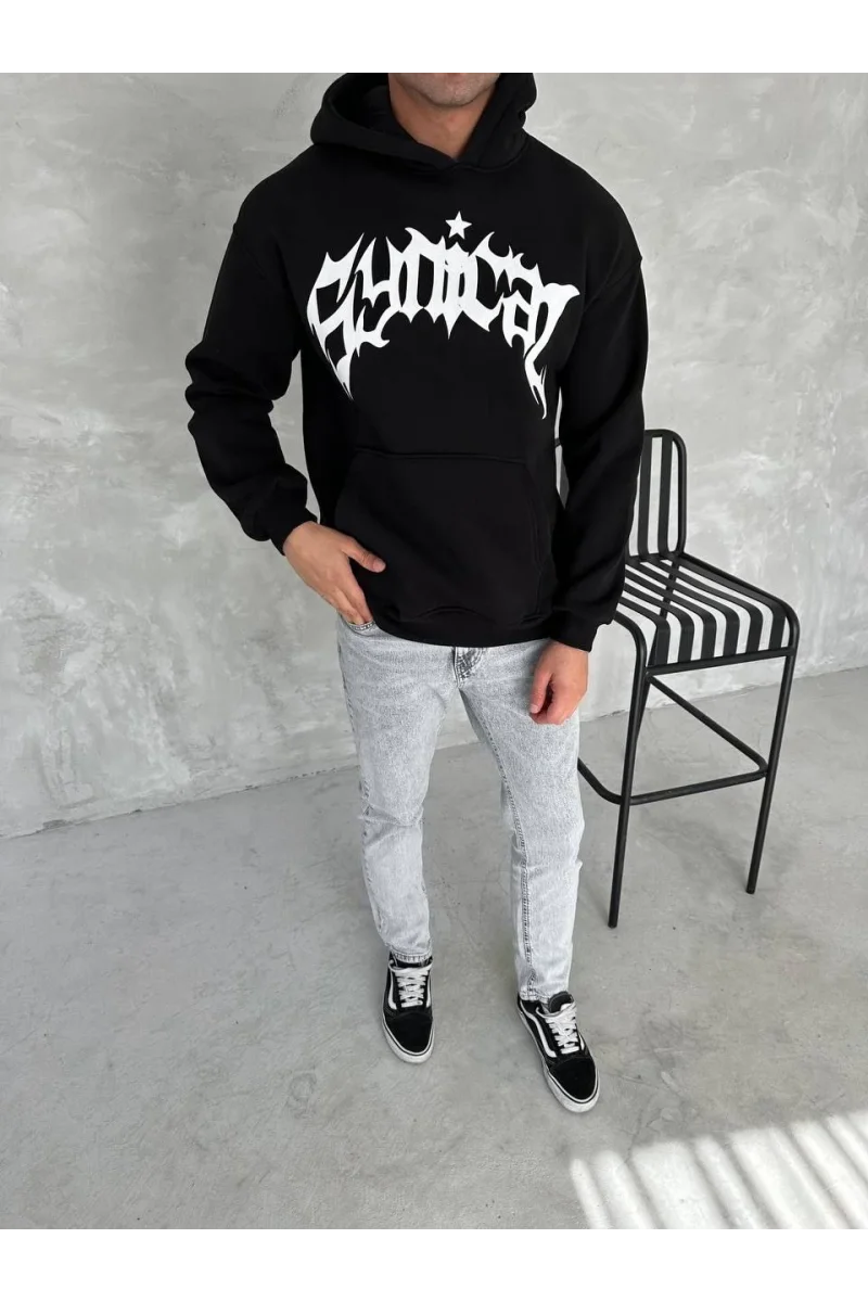 Unisex Üç İplik Kapüşonlu Baskılı SweatShirt - Siyah