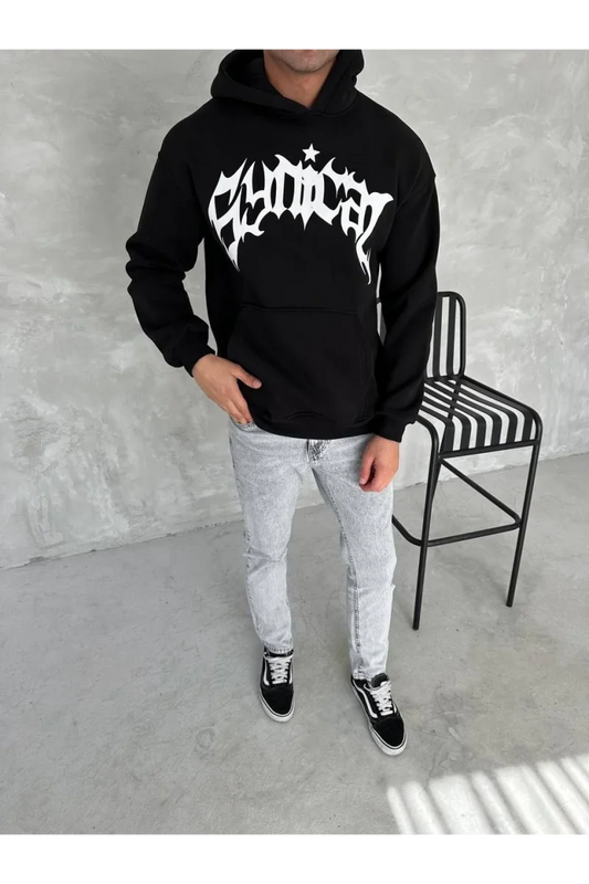 Unisex Üç İplik Kapüşonlu Baskılı SweatShirt - Siyah