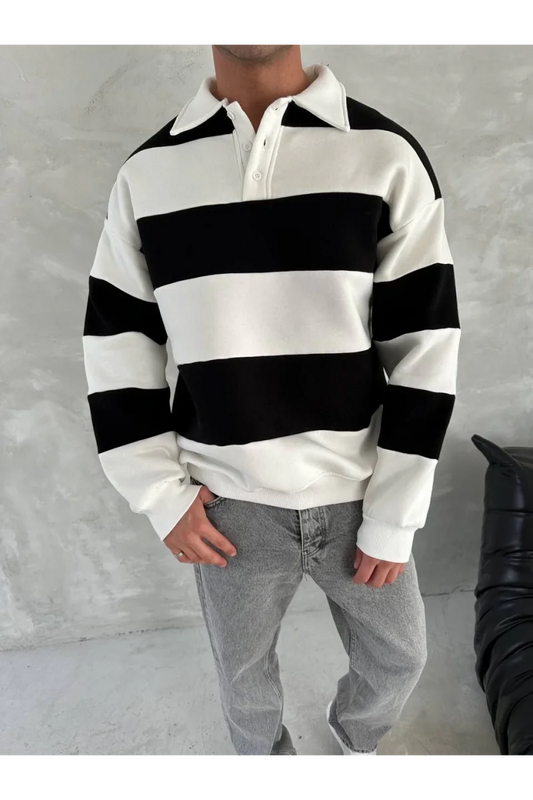 Unisex Üç İplik Parçalı Yakalı SweatShirt - Siyah