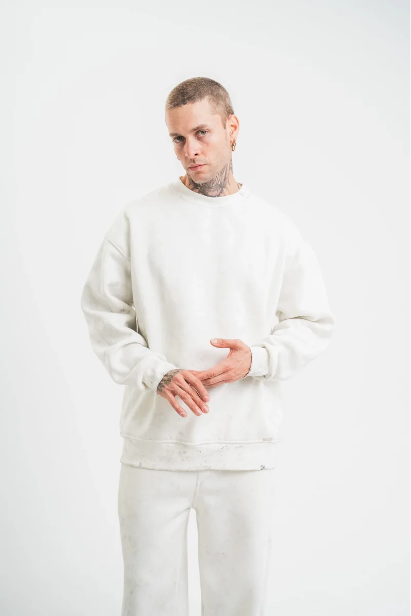 Unisex Uzun Kol Bisiklet Yaka Yıkamalı SweatShirt - Beyaz