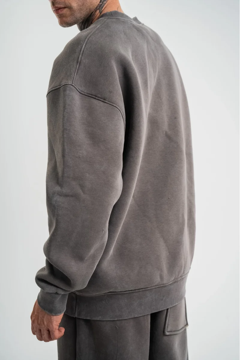 Unisex Uzun Kol Bisiklet Yaka Yıkamalı SweatShirt - Füme