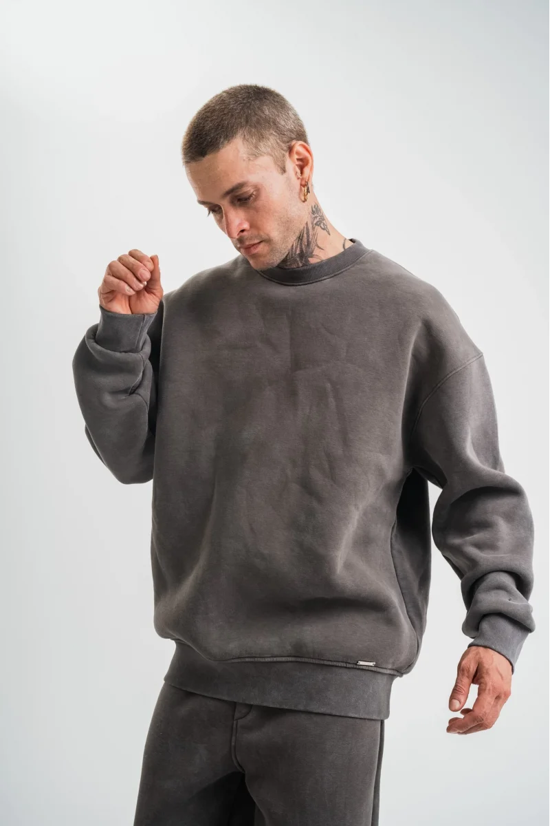 Unisex Uzun Kol Bisiklet Yaka Yıkamalı SweatShirt - Füme